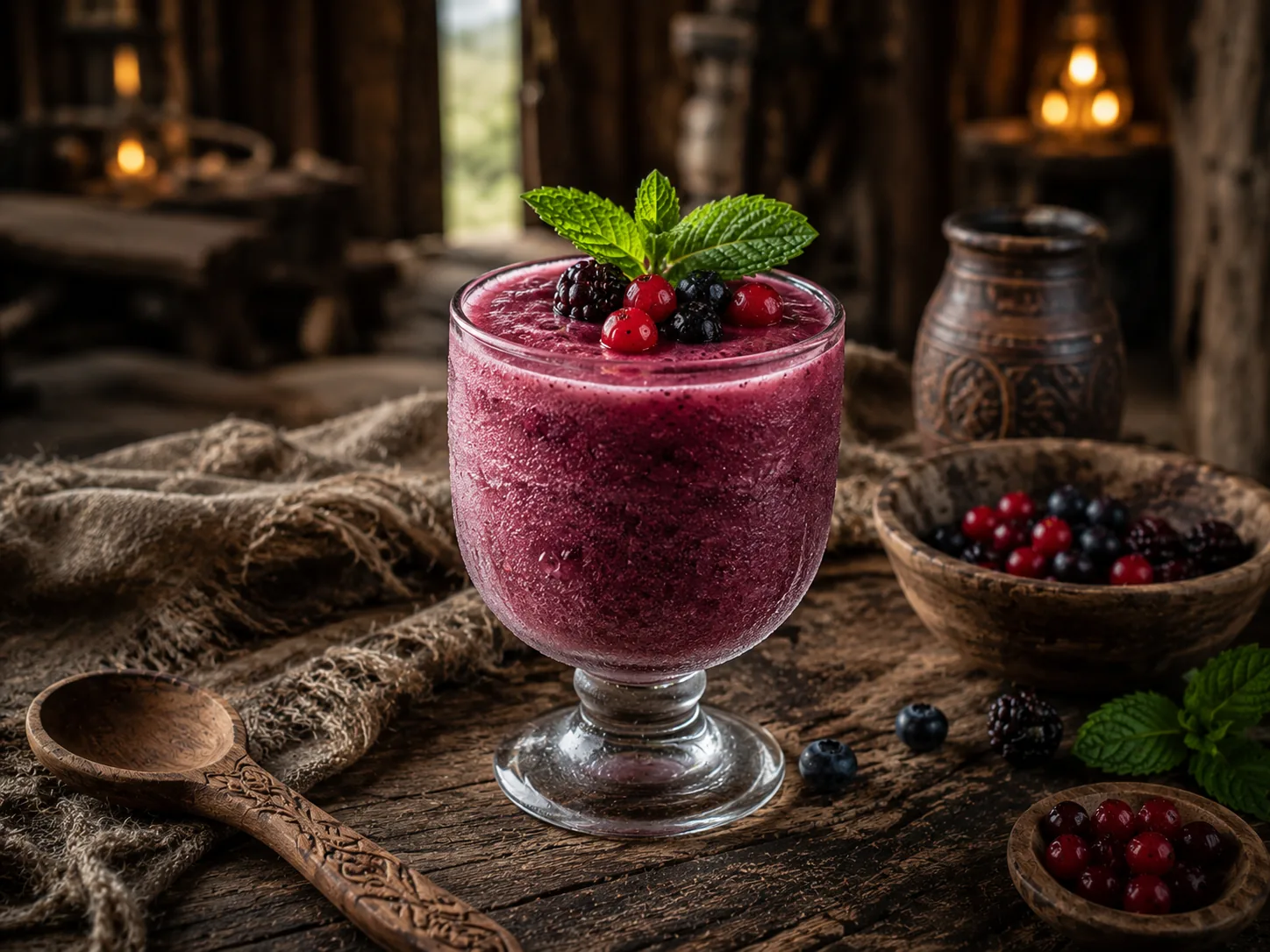 Freya’s Love-Smoothie mit Waldbeeren, Minze und Skyr auf rustikalem Holztisch