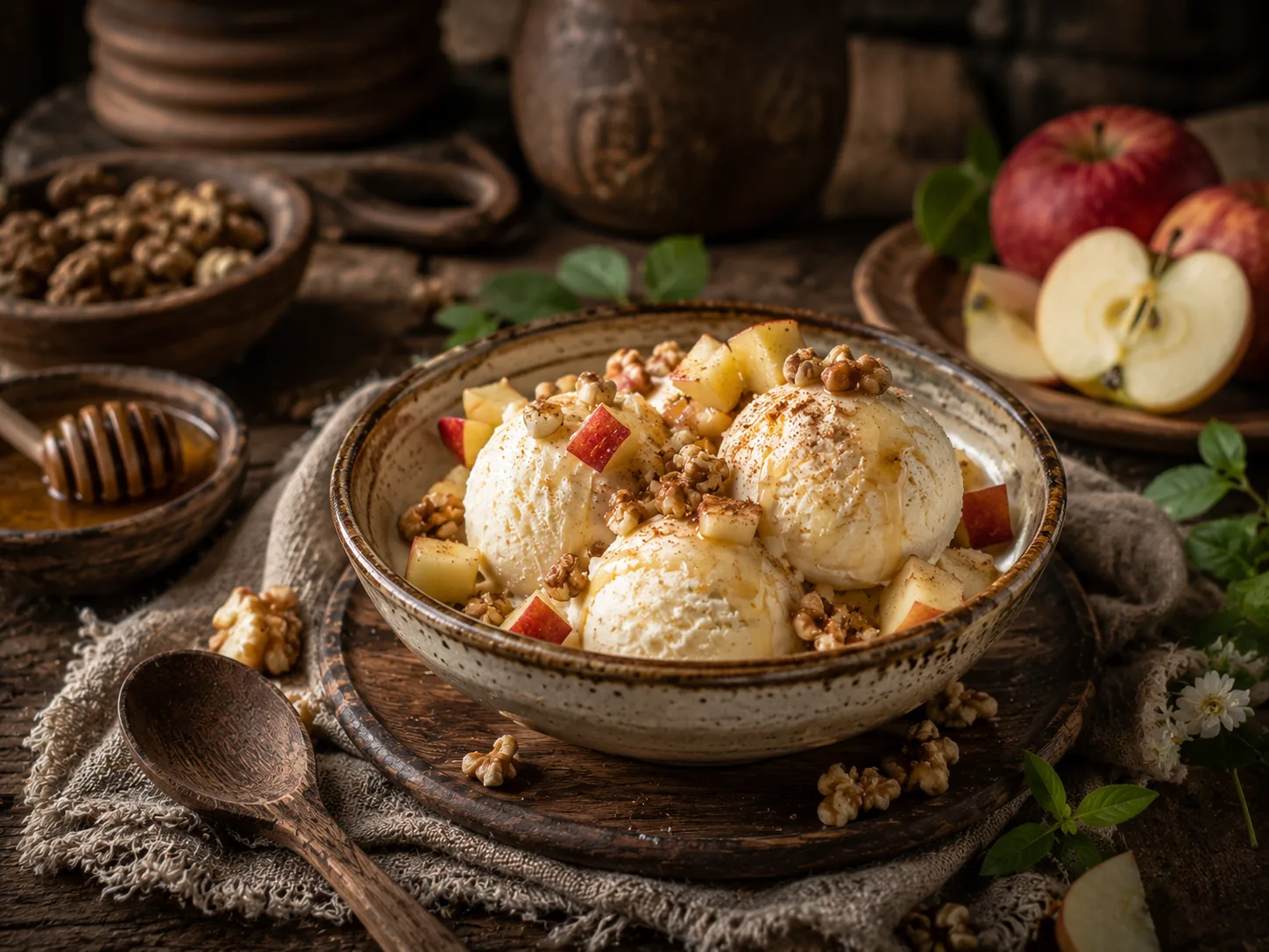 Iduns Apfel-Eis mit Honig-Skyr, Apfelstücken, Zimt und Walnüssen in rustikaler Schale
