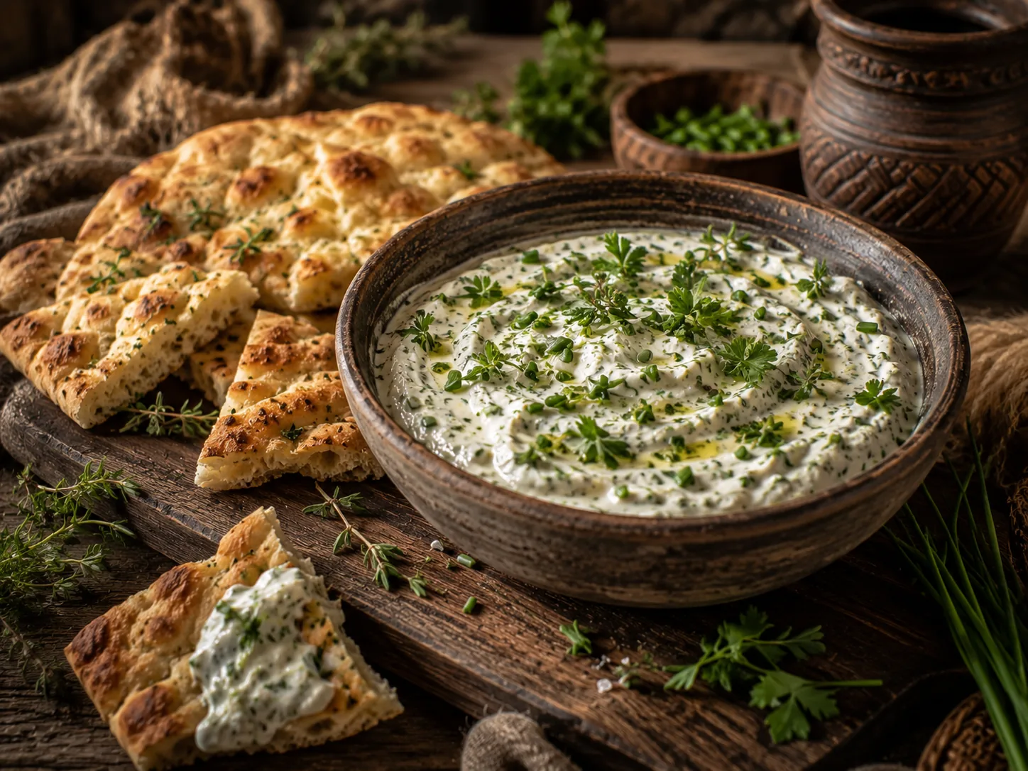 Midgard-Kräuterskyr mit frischen Kräutern und Fladenbrot auf rustikalem Holzbrett