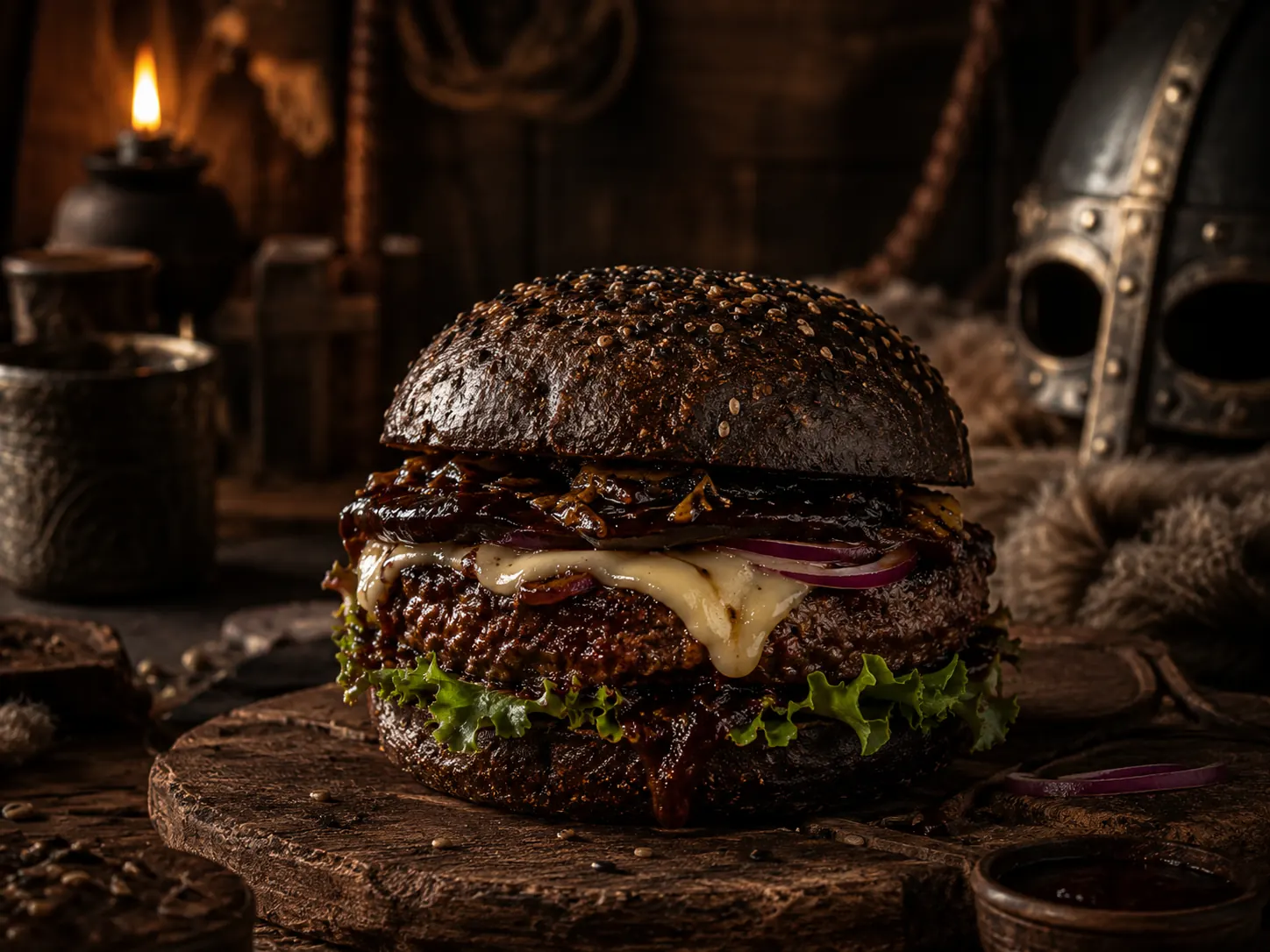 Dunkler Odin Burger mit Roggen-Bun, Käse, roter Zwiebel und BBQ-Sauce in rustikaler Wikinger-Atmosphäre