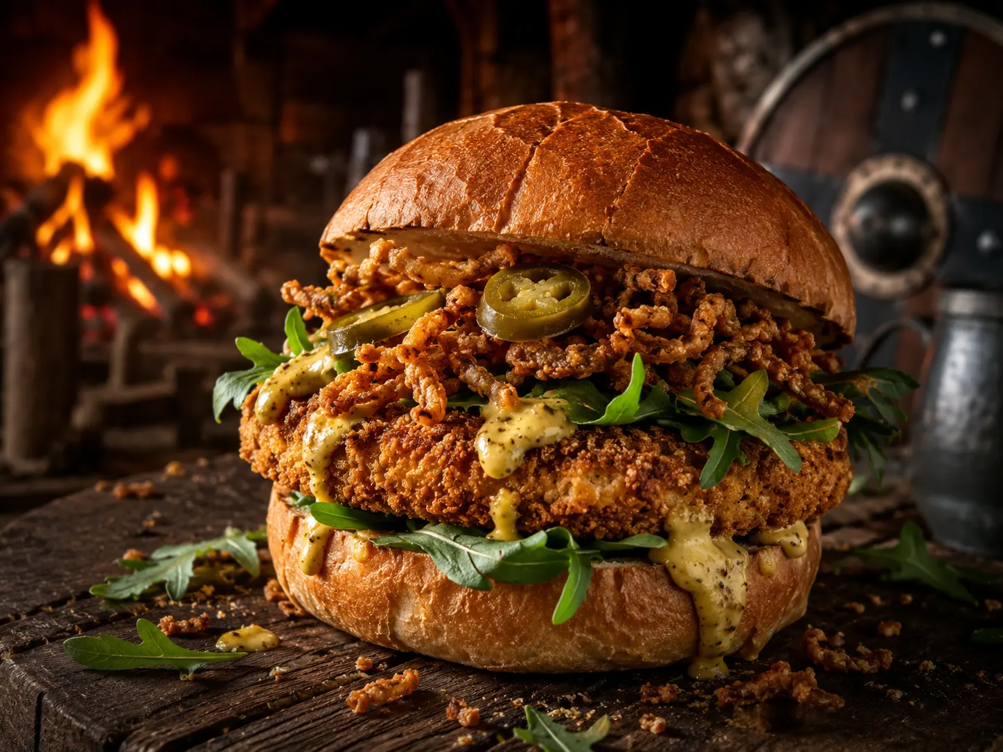 Thor Burger mit knusprigem Patty, Honig-Senf-Sauce, Jalapeños und Röstzwiebeln im Feuerlicht