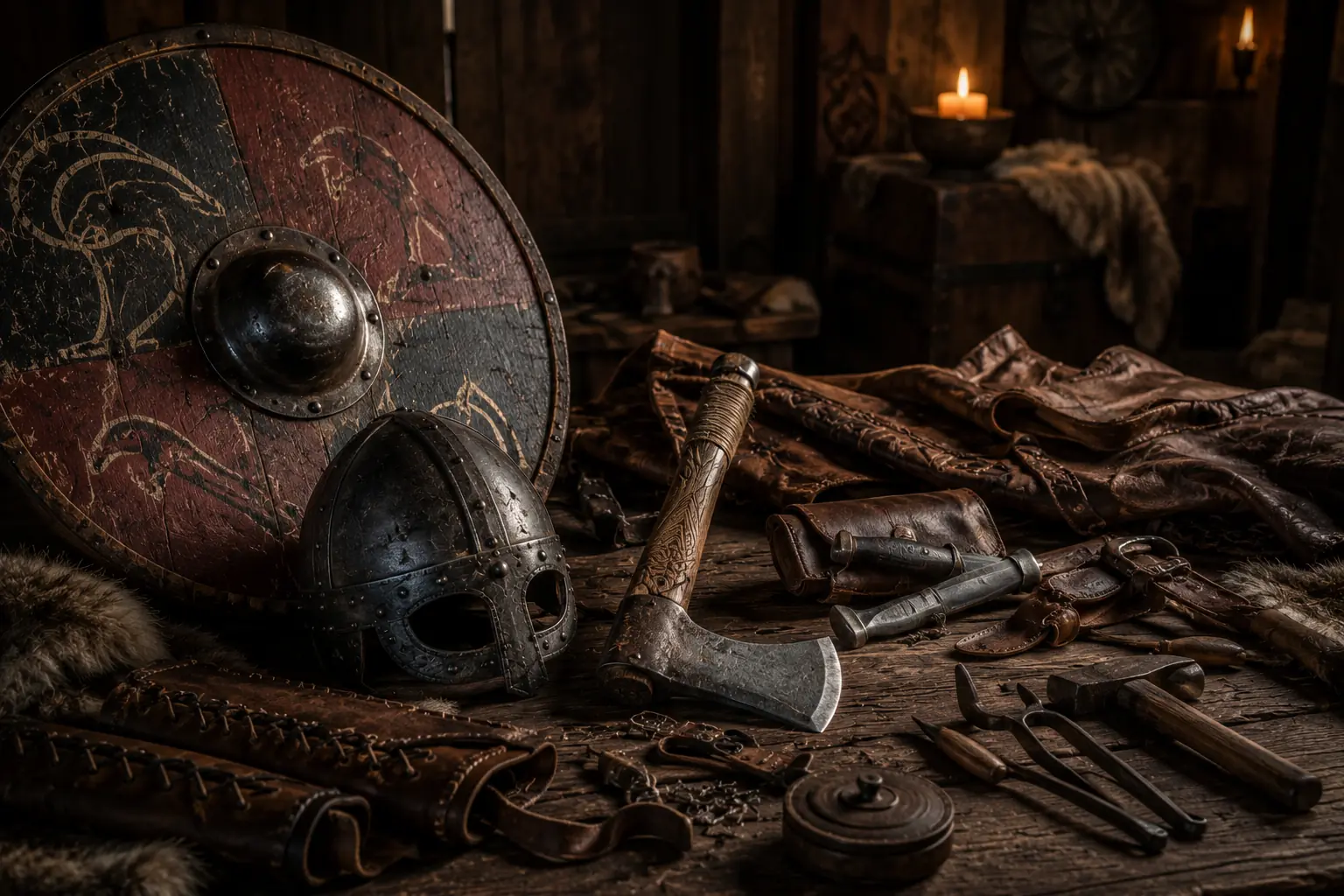 Wikinger Ausrüstung mit Schild, Helm und Kleidung