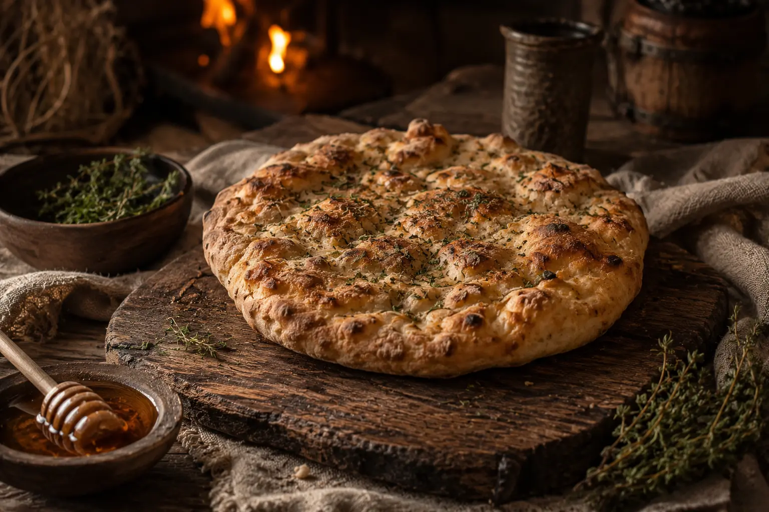 Wikinger-Fladenbrot auf Holzbrett mit Kräutern
