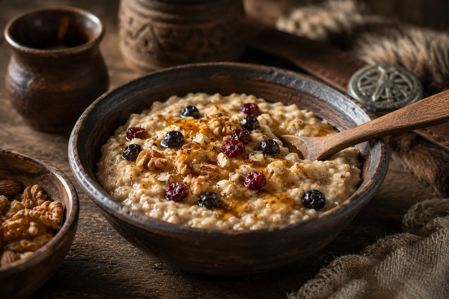Honig-Haferbrei als Wikinger-Rezept mit Beeren und Holzlöffel