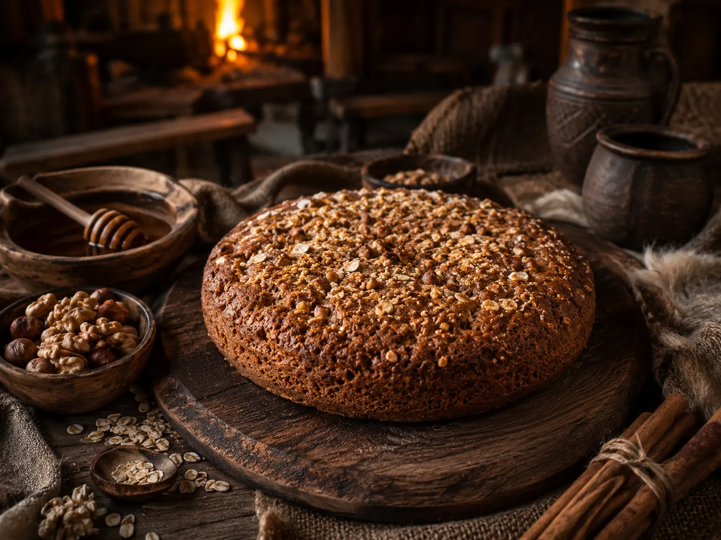 Rustikaler Wikinger-Honigkuchen mit Honig, Hafer und Nüssen im warmen Langhaus-Licht