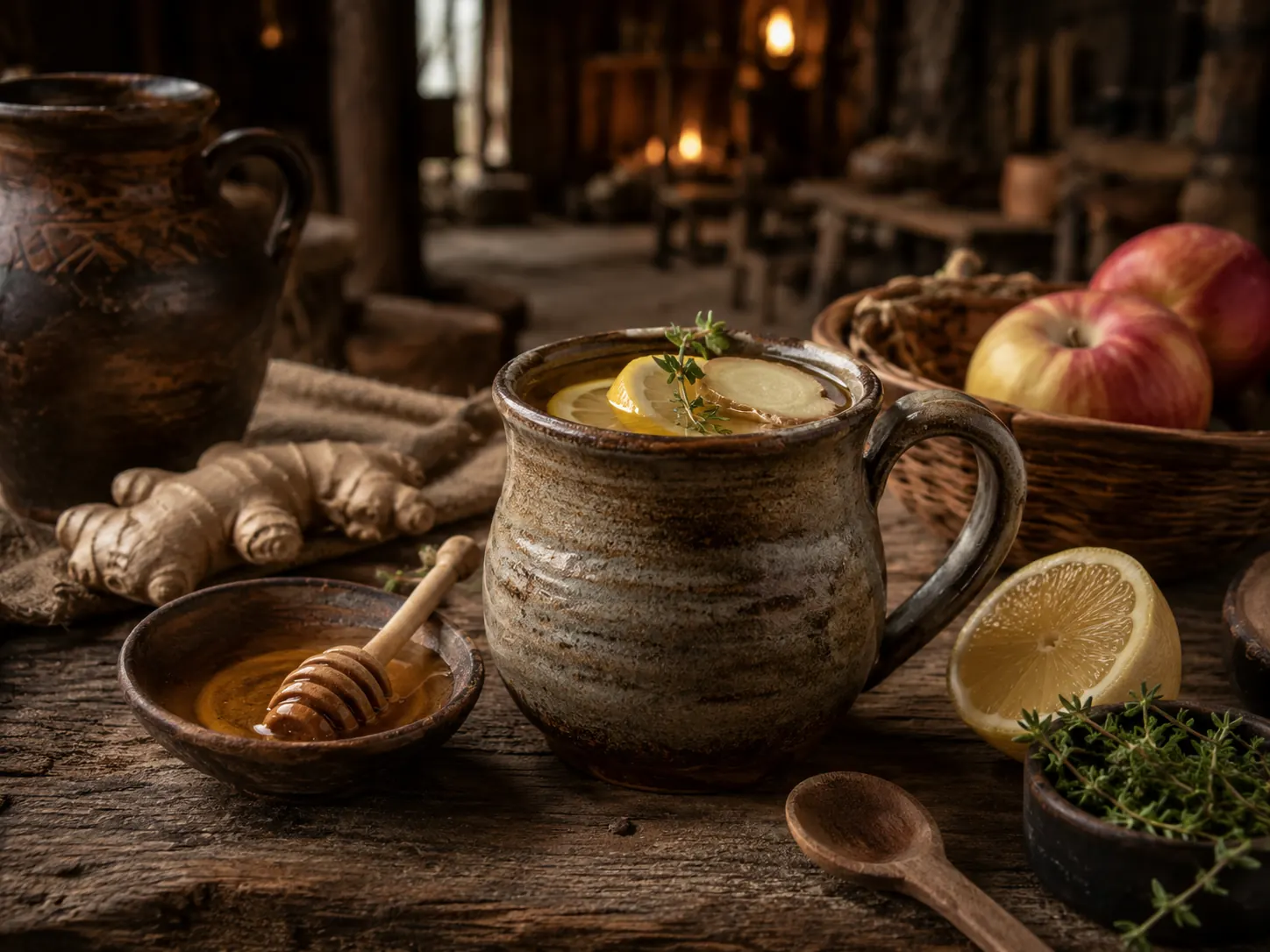 Alkoholfreier Wikinger-Honigtrunk mit Apfel, Honig, Ingwer und Zitrone in rustikalem Becher