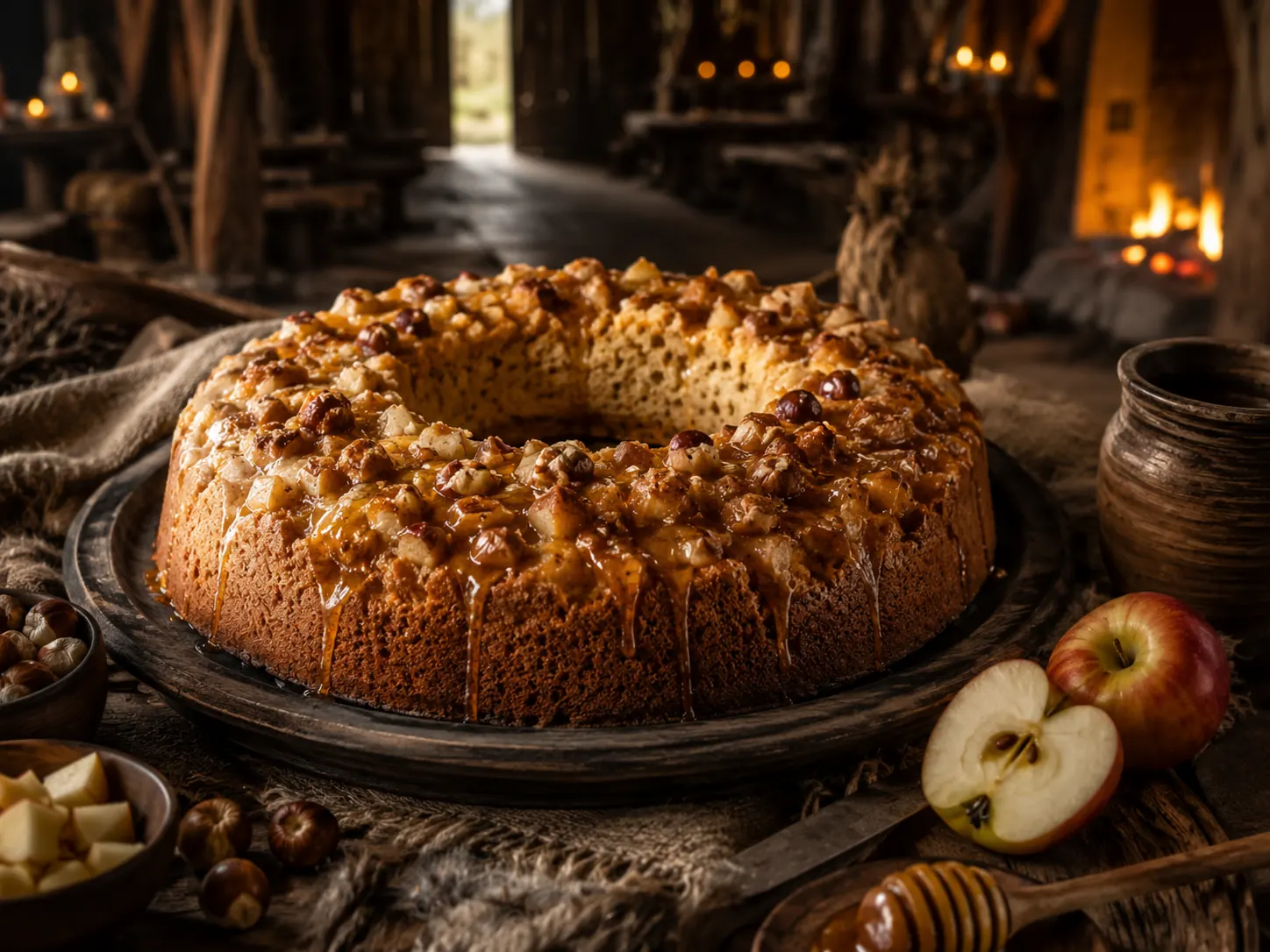 Wikinger-Ringkuchen mit Äpfeln, Nüssen und Honigglasur auf rustikaler Festtafel