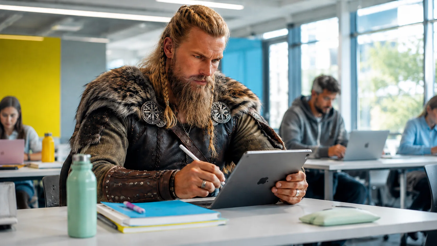 Wikinger im modernen Hörsaal mit iPad