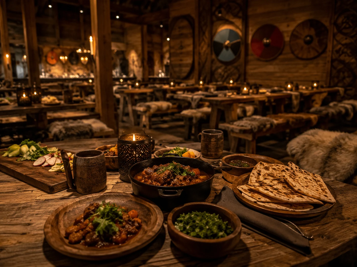 Rustikale Mahlzeit im nordischen Langhaus mit Schalen, Holzlöffel und warmem Licht im Wikinger-Restaurant