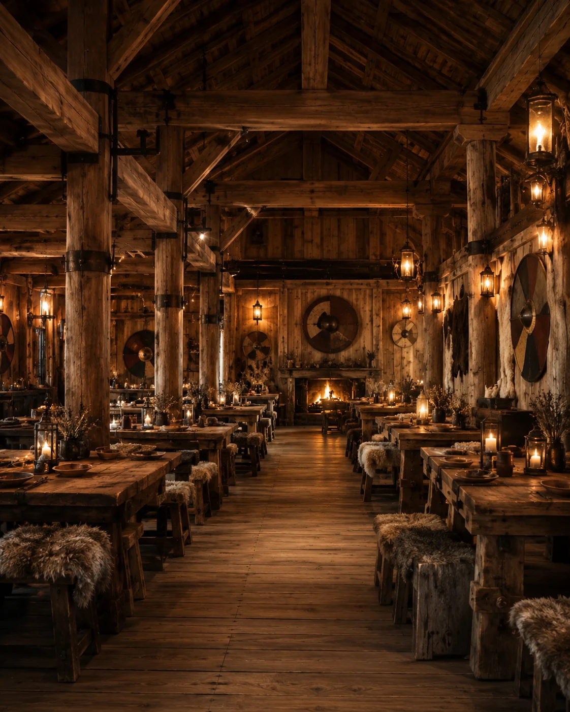 Gemütliche Wikingerhalle im Restaurantbereich mit langen Holztischen, warmem Licht und nordischen Schilden